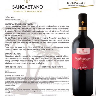 Rượu Vang Due Palme Sangaetano Primitivo Di Mandura D.O.P