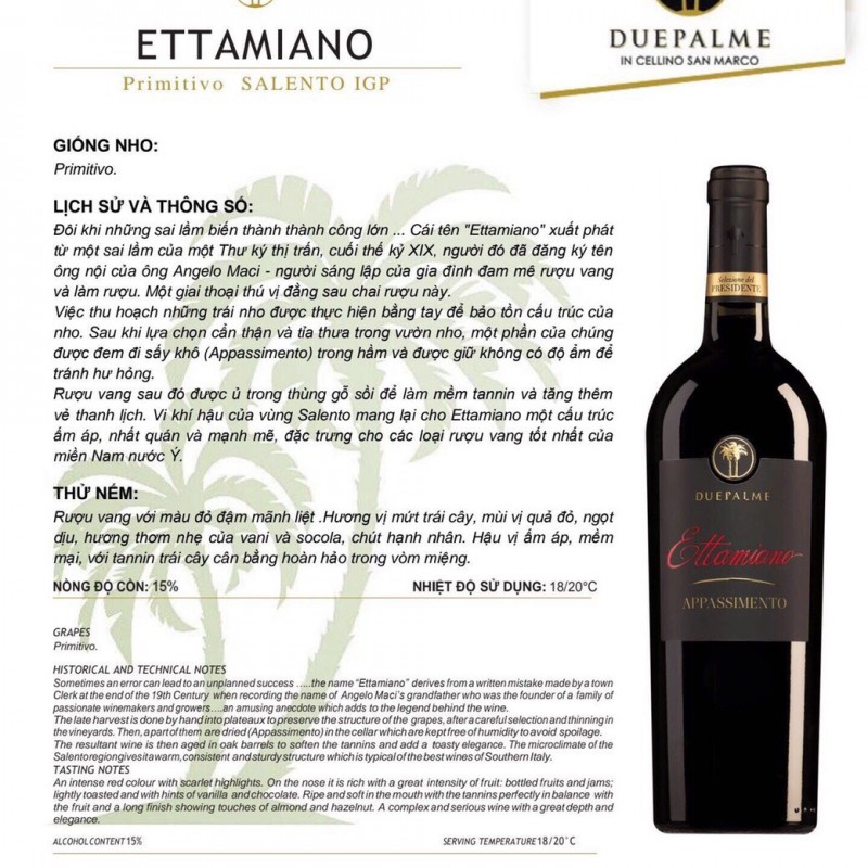 Rượu vang Due Palme Ettamiano Salento I.G.P