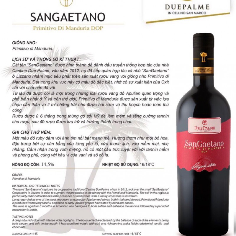 Rượu Vang Due Palme Sangaetano Primitivo Di Mandura D.O.P